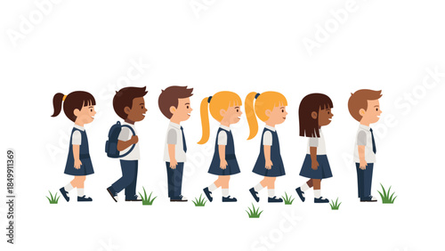 Diverse group of elementary school children walking in a line outdoors, representing education and friendship.