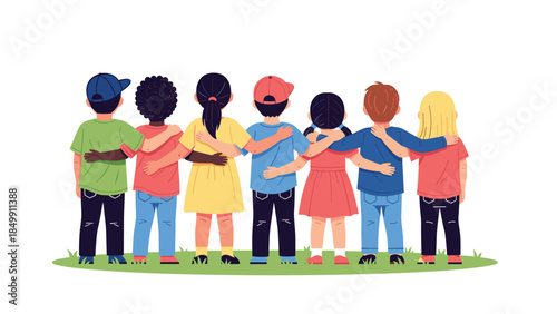 Diverse group of children stand together with arms around each other, symbolizing unity, friendship, and inclusivity in a colorful illustration.