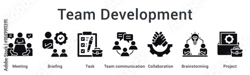 Team development through meeting and briefing with task assignment enhancing communication collaboration and brainstorming projects.