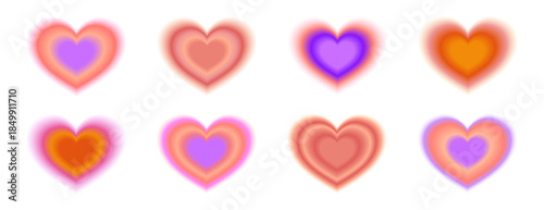 Collection of abstract, blurred gradient hearts with a soft, glowing aura