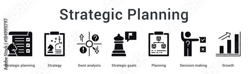 Strategic planning banner web icon defines strategy through swot analysis setting goals with planning and growth focus.
