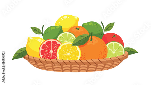 A vibrant assortment of citrus fruits overflows from a woven basket, showcasing lemons, limes, oranges, and grapefruit in a colorful display.