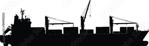 Silhouette of a large cargo container ship with onboard cranes moving freight across the ocean horizon in stark black and white