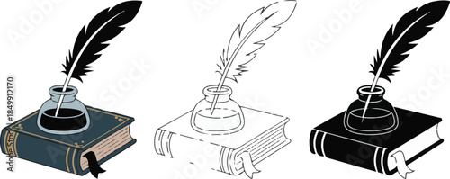 Vintage quill pen inkwell and old book illustration in color outline and silhouette variations