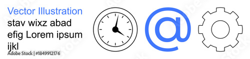 Productivity, email correspondence, time tracking, system integration, workflow optimization, technology. Clock, at symbol and gear icons in a minimalist design. Productivity and email