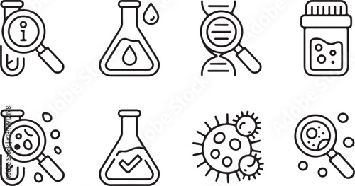 Collection of science and laboratory icons and symbols including medical research and health care objects on transparent background vector