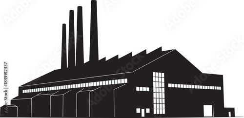 Industrial factory building silhouette with smokestacks, modern industrial architecture, urban landscape, black and white
