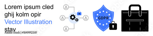 Data security, GDPR compliance, privacy protection, network security, data management, online safety. A shield labeled GDPR, connected network icons and a briefcase with a lock. Data security