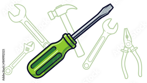 Green Screwdriver Tool with Metal Shaft.