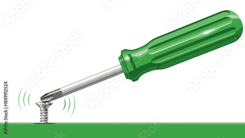 Green Screwdriver Turning Screw Clockwise.