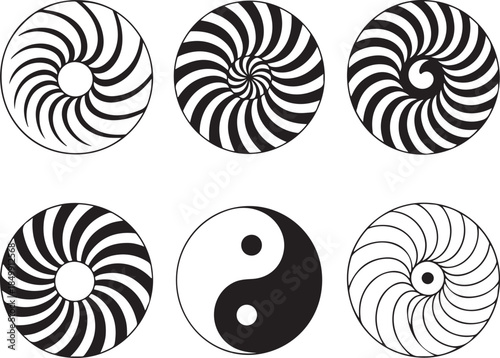 Abstract swirling circles yin yang symbol and hypnotic patterns vector set on transparent background.
