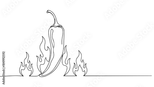 A dynamic continuous line drawing of a fiery chili pepper, symbolizing heat and spice, rendered with elegant minimalism