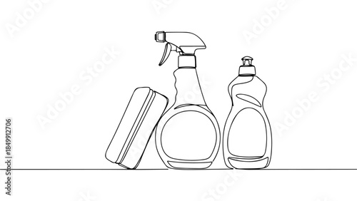 Continuous line drawing of cleaning supplies, including a spray bottle and liquid soap, perfect for representing household chores and hygiene
