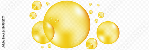 Golden, yellow oil drops, bubbles vector illustration on transparent background