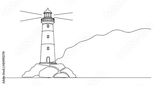 Continuous line drawing of a lighthouse standing on a rocky shore, symbolizing guidance and hope