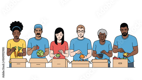 Diverse group of volunteers collaboratively packing boxes with fresh produce for community support and food distribution.