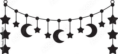 Ramadan Kareem greeting garland with stars and moons isolated on transparent background festive islamic decoration