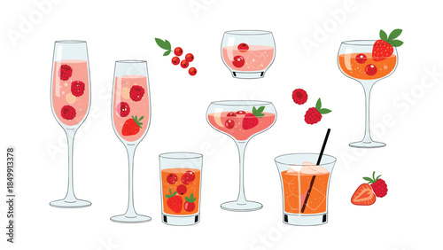 Variety of refreshing summer cocktails with strawberries and raspberries in different glasses, perfect for parties and celebrations.
