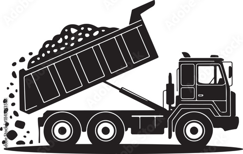 Silhouette vector illustration of a dump truck unloading gravel or sand for construction or mining operations