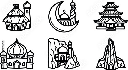 Black and white illustrations of various religious buildings and structures around the world