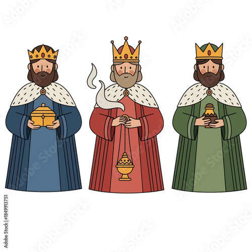 Three Wise Men Magi Presenting Gifts Gold Frankincense Myrrh Epiphany Three Kings Day Vector Illustration
