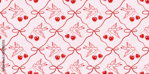 Flying doves holding cherries in their beaks. Seamless red line pattern with ribbon lattice on soft pink background. Cute romantic design for Valentine wrapping paper, textile and wallpaper