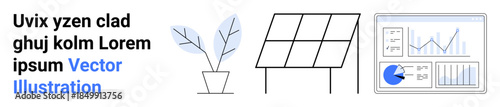 Potted plant with leaves, solar panel, and analytics dashboard displaying graphs and charts. Ideal for renewable energy, sustainability, eco-friendly initiatives, data analytics, business reports
