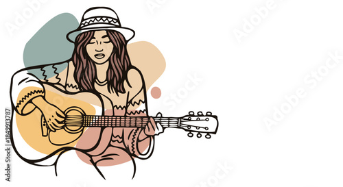Woman in Hat Playing Acoustic Guitar Boho Line Art Illustration
