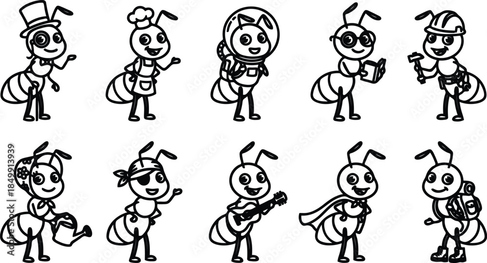 Fototapeta premium cartoon bees in different professions and costumes on white background