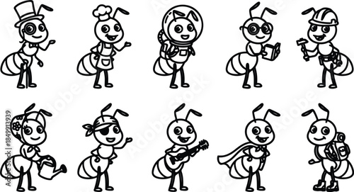 cartoon bees in different professions and costumes on white background