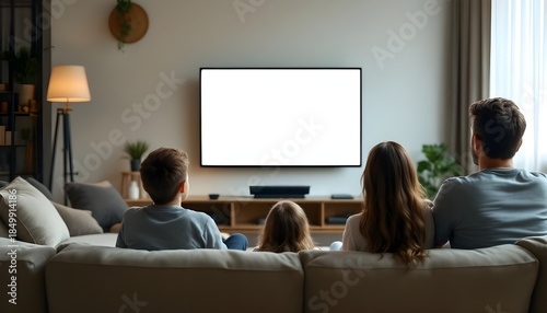 Family watching a blank white screen television in living room representing entertainment, movie, leisure time and home lifestyle.