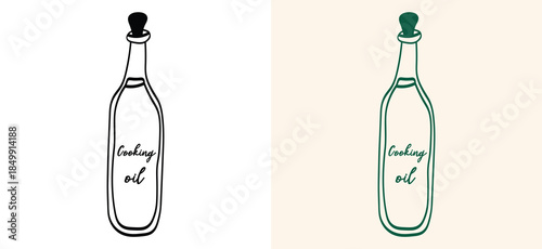 Vintage style hand drawn cooking oil bottle icons. Minimalist black and green line art sketch of a glass bottle for kitchen, organic food, and healthy lifestyle designs.