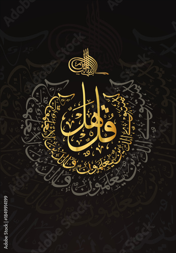 Qul hal yastawil wall art calligraphy wall art. Islamic Calligraphy for Quran Surah Az-Zumar 9. Translated: Say, "Are those who know equal to those who do not know?"