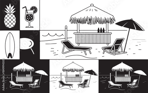 Summer beach scene with tropical pineapple drink surfboard chairs umbrella and hut vector illustration elements