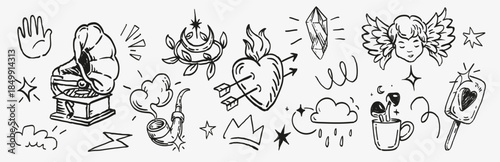 Hand-drawn doodle icon set with mystical, romantic and retro symbols: hearts, angel, crystal, gramophone, coffee, clouds and stars. Perfect for tattoos, stickers, branding, prints and editorial design