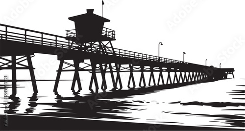 Silhouette of a long wooden pier extending over water with reflections and lamp posts at sunset for coastal themes