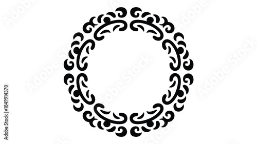A decorative circular frame featuring stylized tribal black and white patterns