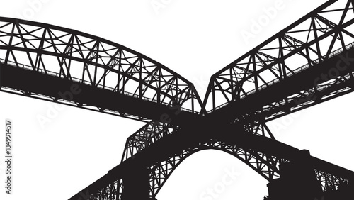 Black silhouette of industrial bridge structure with metal truss on white background, architecture and engineering concept