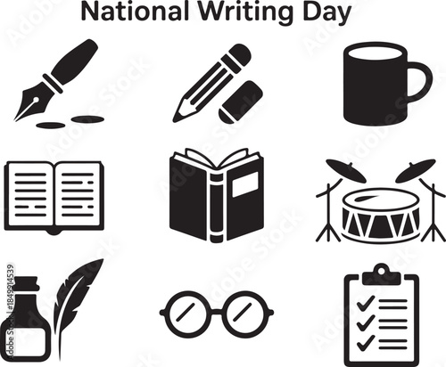 Icons representing national writing day with items like fountain pen, open book, eyeglasses, and drum set
