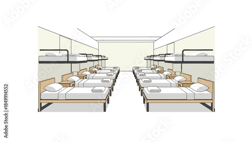 Interior view of a large dormitory room with rows of bunk beds and single beds, showcasing simple and functional sleeping arrangements.