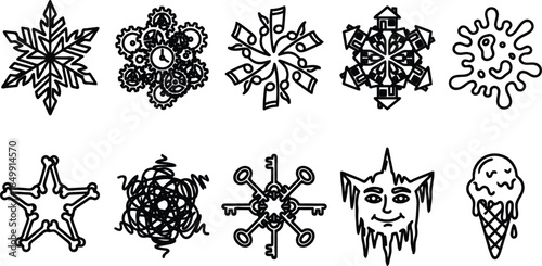 Collection of various hand drawn snowflakes and melting ice cream cone on white