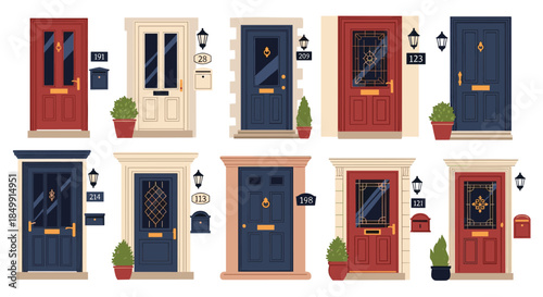 A collection of diverse and inviting front doors showcasing classic architecture, unique designs, and vibrant colors, perfect for depicting home entrances.