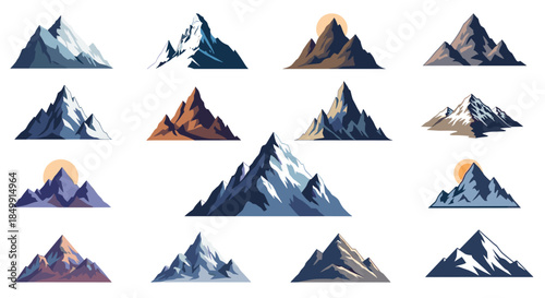 Collection of diverse stylized mountain range illustrations depicting various landscapes, snowy peaks, and rocky formations.