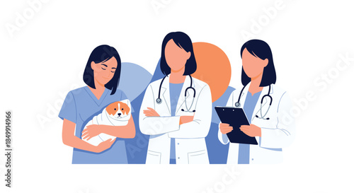 Dedicated female veterinarians and a nurse provide compassionate care to a small dog, representing modern animal health services.