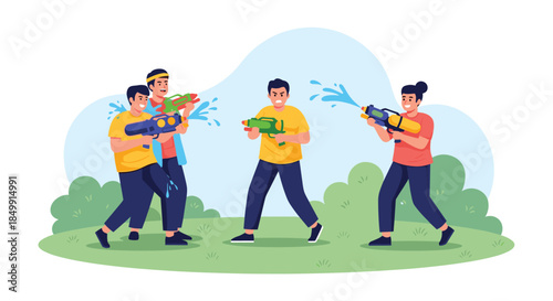 Friends joyfully engage in a lively outdoor water gun fight, splashing and having fun under a bright sky.