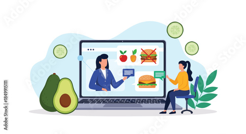 A woman receives online nutrition advice from a professional on a laptop, exploring healthy and unhealthy food options for a balanced diet.