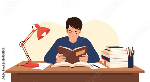 A focused young man studying diligently at a desk, surrounded by books and illuminated by a desk lamp, symbolizing dedication to education.