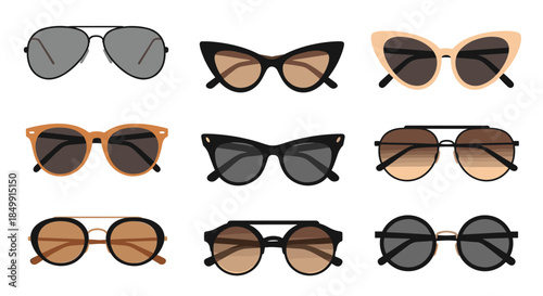 A diverse collection of nine stylish sunglasses featuring various classic and modern designs arranged in a grid, ideal for fashion and eyewear concepts.