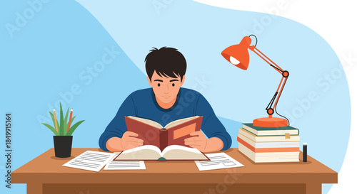 Focused young man deeply immersed in reading a book at a well-lit study desk, surrounded by educational resources and stationery.
