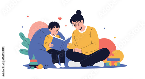 A loving adult and a young child share a heartwarming moment reading a storybook together, fostering learning and connection in a comfortable home environment.